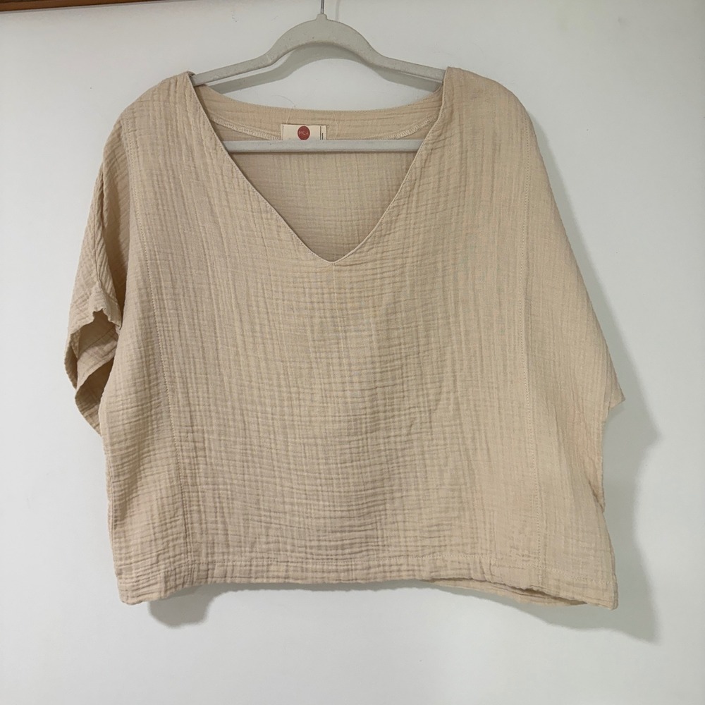 MOA Double Gauze Cotton Top Women One Size Beige V Neck Boxy Made in Turkey